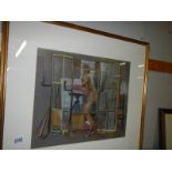 A framed and glazed S Barnes 1960's pastel drawing of a female nude in a studio behind a screen,