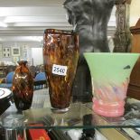 A Scottish glass vase and 2 Murano tortoise shell glass vases.