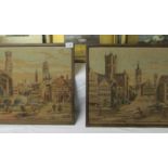 2 framed tapestries of churches.