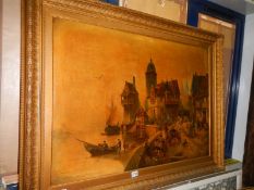 A large gilt framed oilograph German port scene, Meyerheim 1872 (1815-188) image 100 x 71 cm.