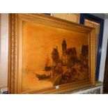 A large gilt framed oilograph German port scene, Meyerheim 1872 (1815-188) image 100 x 71 cm.