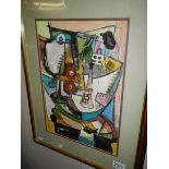 A framed and glazed 20th century British school goauch and pencil on paper abstract table top still