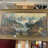 An oil on canvas mountain scene, signed but indistinct.