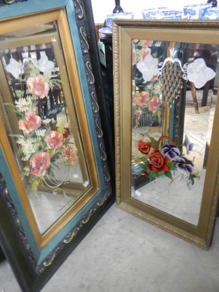 2 framed mirrors with painted floral decoration.