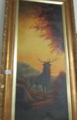 A Victorian oil on canvas of a stag at sunrise/sunset, unsigned, inscribed verso 'G Rowney & Co.
