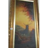 A Victorian oil on canvas of a stag at sunrise/sunset, unsigned, inscribed verso 'G Rowney & Co.