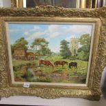 A framed oil on board of horses and foals grazing by Brian Tovey (b.1943) 68 x 58 cm.