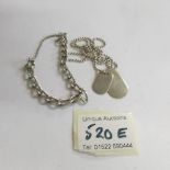 A silver dog tag necklace and a silver bracelet.