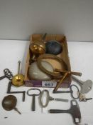 A mixed lot of clock parts including bells, keys etc.