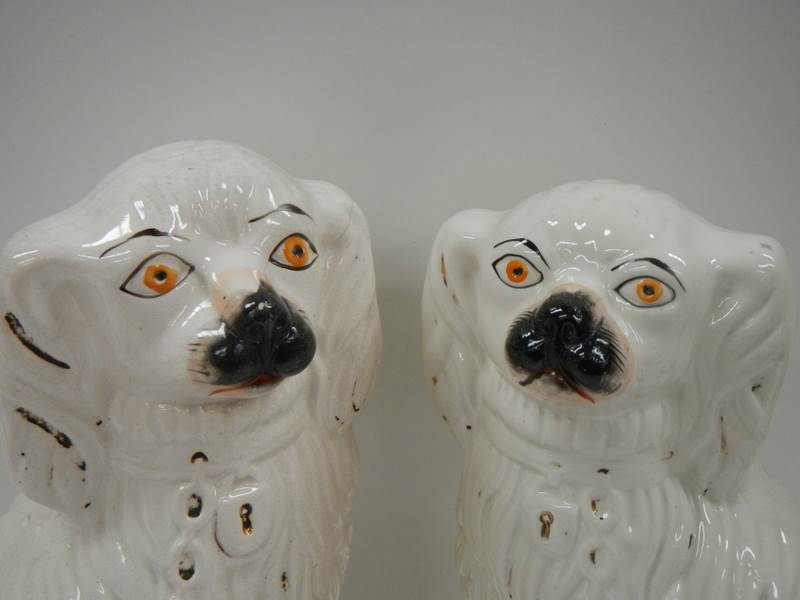 A pair of early 20th century Staffordshire dogs, 14" tall (one has crack as shown in image, - Image 2 of 5