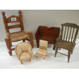 A mixed lot of Victorian and later dolls furniture including chair, monks bench,