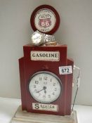 A Historic West Route 66 clock in the shape of a petrol pump together with a Route 66 wrist watch