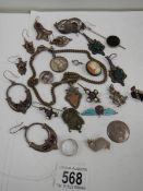 A tray of jewellery including some silver, fob, earrings etc.