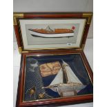 2 framed and glazed nautical related collages, 21" x 12" and 18" x 15".