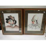 A pair of framed and glazed watercolour studies of clowns, approximately 20" x 16".