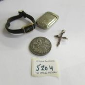 A silver and amethyst cross, a Papal medallion, silver plate vesta etc.