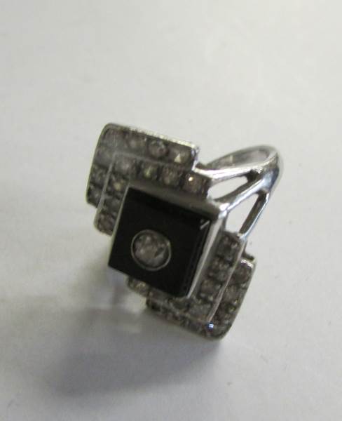 An 18ct onyx and diamond deco style ring in white gold, size N. - Image 2 of 2