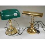 2 bankers style desk lamps, one being all brass and the other with green plastic shade.