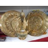 2 large brass plates and a 22" tall brass jug.