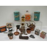 A mixed lot of interesting advertising tins and many pieces of old miniature kitchen ware.