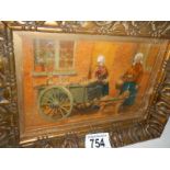 A late 19th century oil on board depicting 2 ladies with a dog cart,