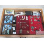 A display case containing assorted jewellery and watches etc., (this lot is buyer collect only).