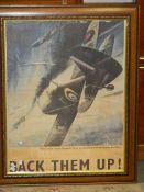 A large retro poster 'Back Them up' in period oak frame.