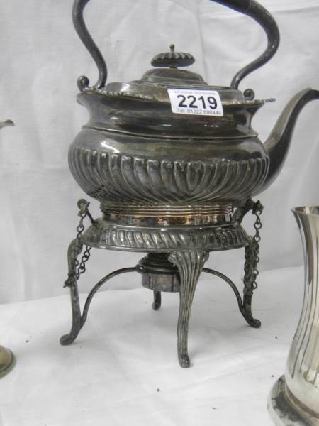 A Victorian pewter kettle on stand, pair of spill vases, coffee pot etc. - Image 3 of 4