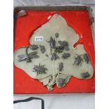 An early 20th century carved soapstone leaf with carved soapstone insects on top, 14.5" x 13".