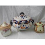 A large tureen (13" wide x 11" high) and 2 biscuit barrels.