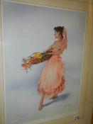 A pencil signed limited edition print of a topless lady with flower basket,