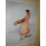 A pencil signed limited edition print of a topless lady with flower basket,