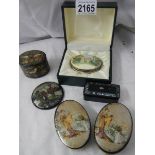 A mixed lot including papier mache' and mother of pearl snuff box.