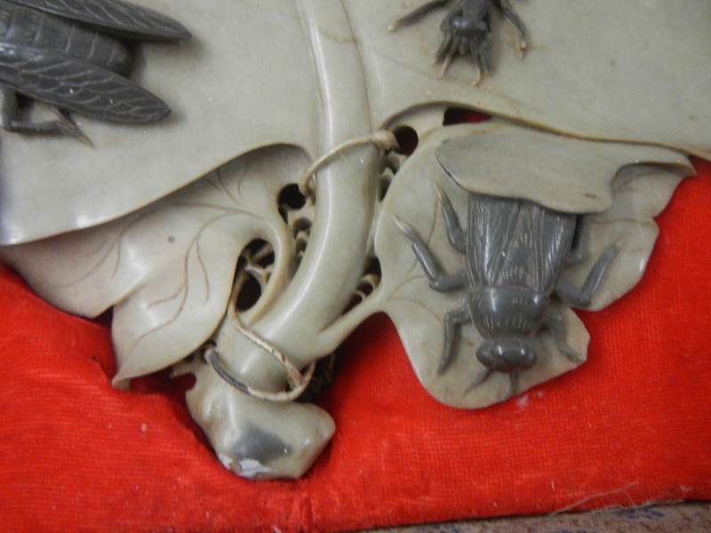 An early 20th century carved soapstone leaf with carved soapstone insects on top, 14.5" x 13". - Image 5 of 7