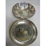 2 hall marked silver dishes, one depicting a horse and jockey (possibly hand painted).