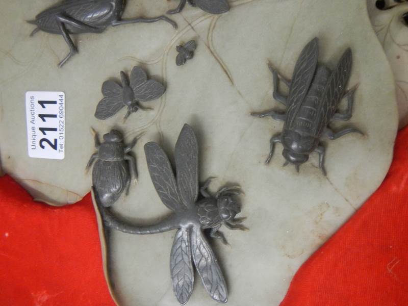 An early 20th century carved soapstone leaf with carved soapstone insects on top, 14.5" x 13". - Image 4 of 7