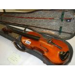 An old cased Nicholas Bertholini violin with bow, in need of repair.