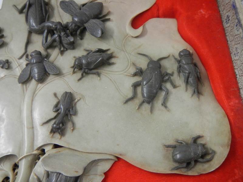 An early 20th century carved soapstone leaf with carved soapstone insects on top, 14.5" x 13". - Image 3 of 7