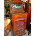 An Edwardian inlaid music cabinet with 'HMV' (His Masters Voice) advertising mirror back.