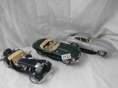 3 Burago model cars being Mercedes 500K Roadster and 2 Jaguar E.