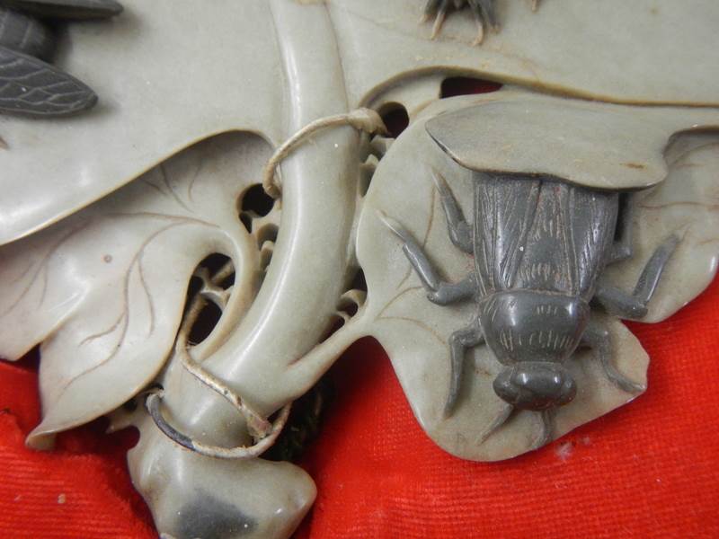 An early 20th century carved soapstone leaf with carved soapstone insects on top, 14.5" x 13". - Image 2 of 7