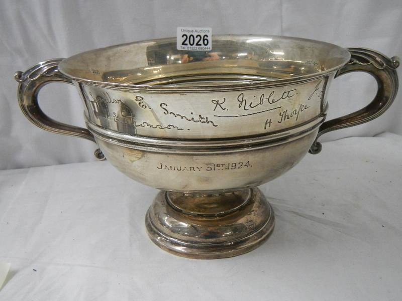 A large hall marked silver bowl with six signatures, 24 ounces / 834 grams.