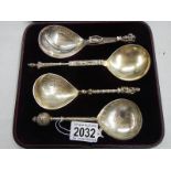 A cased set of 4 Norwegian silver anointing spoons, marked M Hammer 880, 1887.