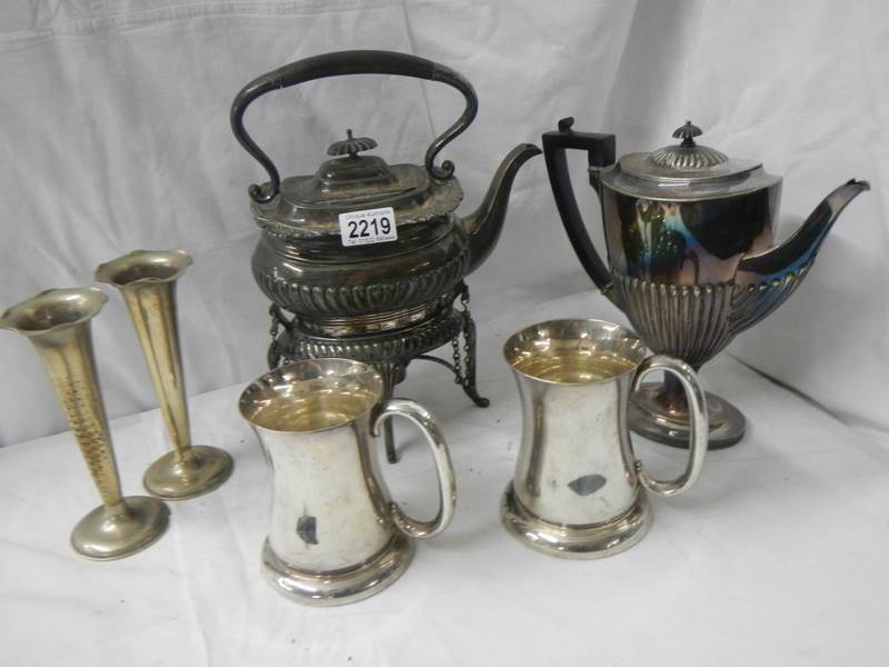 A Victorian pewter kettle on stand, pair of spill vases, coffee pot etc. - Image 4 of 4