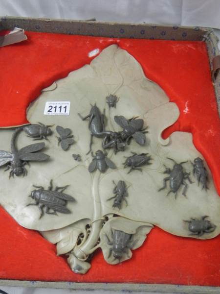 An early 20th century carved soapstone leaf with carved soapstone insects on top, 14.5" x 13". - Image 7 of 7