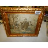 A gilt framed Italian antique embroidery depicting Jesus Christ at a well with a woman.