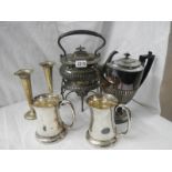 A Victorian pewter kettle on stand, pair of spill vases, coffee pot etc.