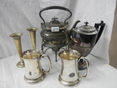 A Victorian pewter kettle on stand, pair of spill vases, coffee pot etc.