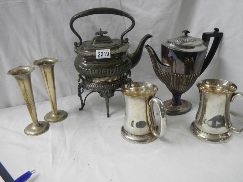 A Victorian pewter kettle on stand, pair of spill vases, coffee pot etc. - Image 2 of 4