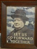 A large retro WW2 Churchill poster 'Lets Go Forward Together' in period oak frame.